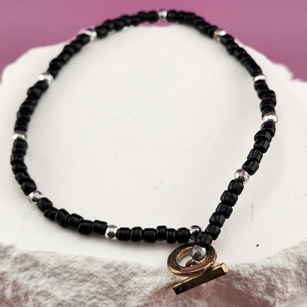 Black Glass Bead Bracelet Silver Tone Spacers Gold Tone Toggle Clasp Gothic